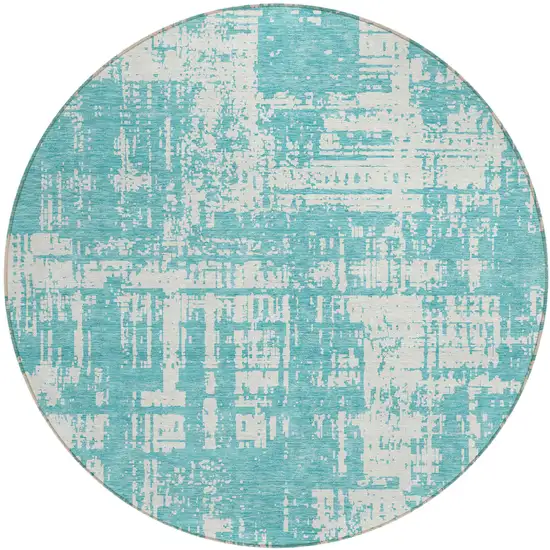 8' Aqua And Ivory Round Abstract Washable Indoor Outdoor Area Rug Photo 2
