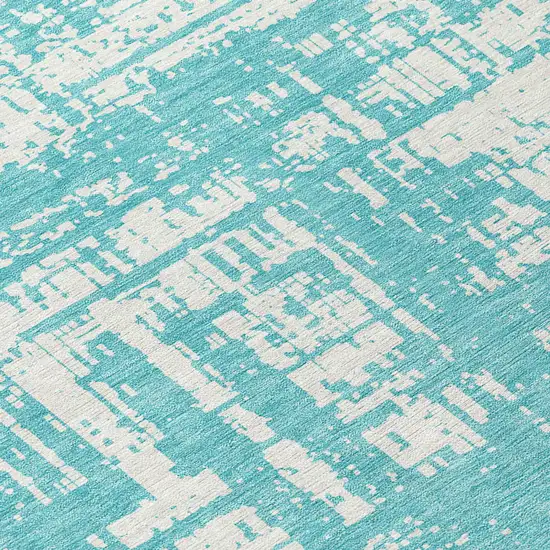 8' Aqua And Ivory Round Abstract Washable Indoor Outdoor Area Rug Photo 8