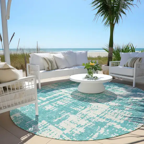 8' Aqua And Ivory Round Abstract Washable Indoor Outdoor Area Rug Photo 6
