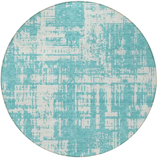 8' Aqua And Ivory Round Abstract Washable Indoor Outdoor Area Rug Photo 5