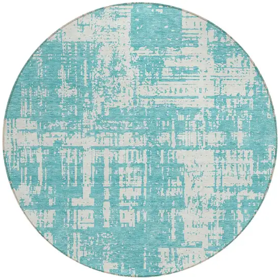 8' Aqua And Ivory Round Abstract Washable Indoor Outdoor Area Rug Photo 4