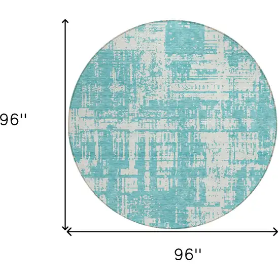 8' Aqua And Ivory Round Abstract Washable Indoor Outdoor Area Rug Photo 3