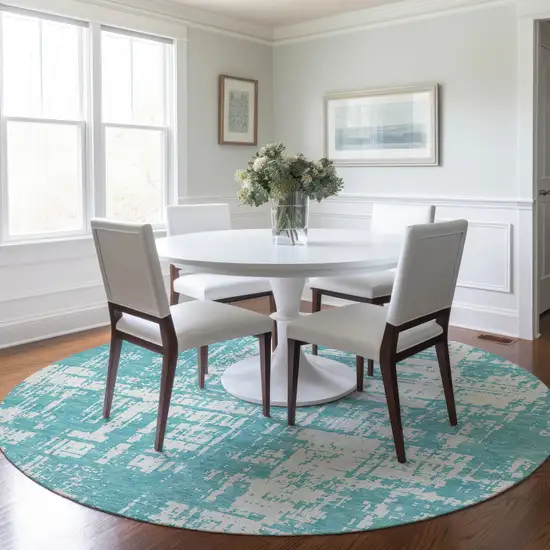8' Aqua And Ivory Round Abstract Washable Indoor Outdoor Area Rug Photo 7