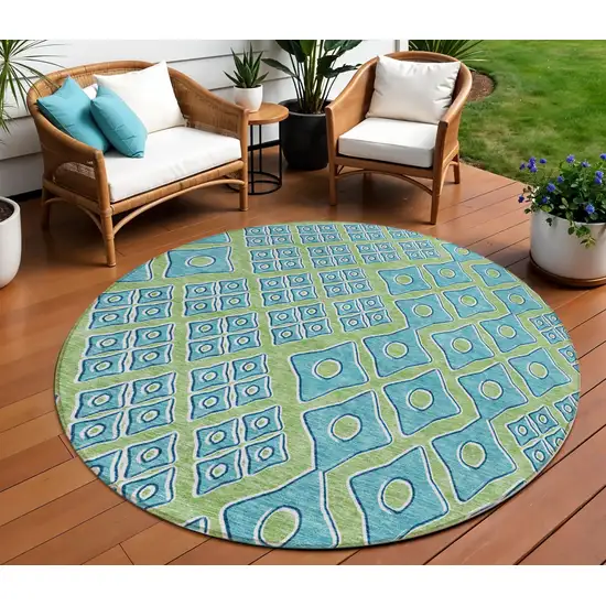 8' Artichoke Green And Aqua Round Geometric Washable Indoor Outdoor Area Rug Photo 1
