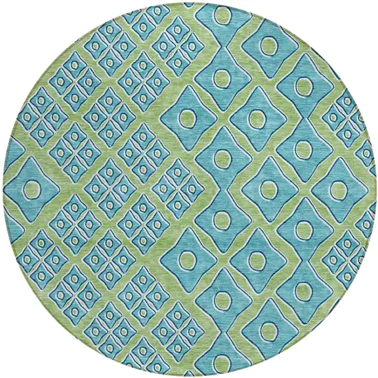 8' Artichoke Green And Aqua Round Geometric Washable Indoor Outdoor Area Rug Photo 2