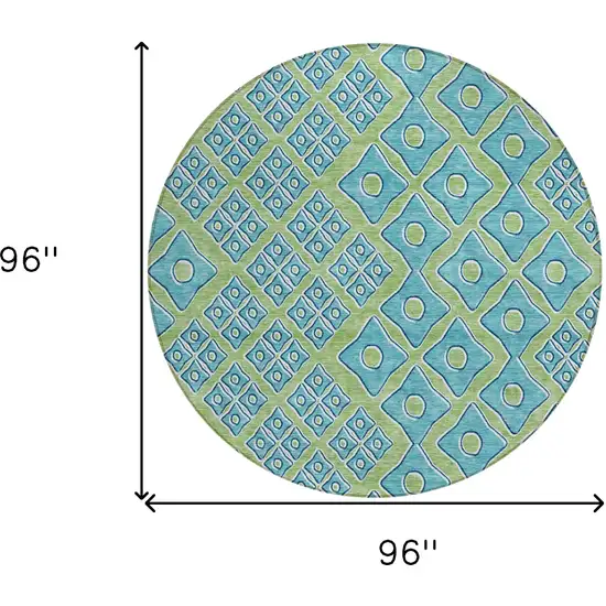 8' Artichoke Green And Aqua Round Geometric Washable Indoor Outdoor Area Rug Photo 3