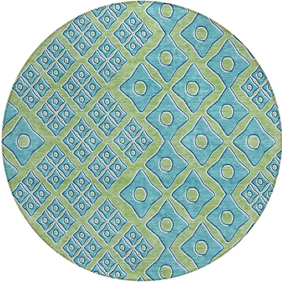 8' Artichoke Green And Aqua Round Geometric Washable Indoor Outdoor Area Rug Photo 6