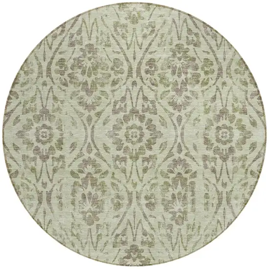 8' Artichoke Green And Brown Round Floral Washable Indoor Outdoor Area Rug Photo 4