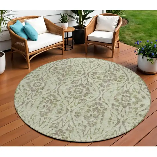 8' Artichoke Green And Brown Round Floral Washable Indoor Outdoor Area Rug Photo 1