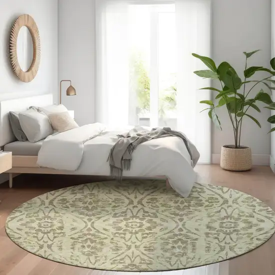 8' Artichoke Green And Brown Round Floral Washable Indoor Outdoor Area Rug Photo 7