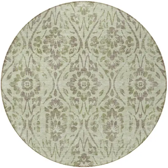 8' Artichoke Green And Brown Round Floral Washable Indoor Outdoor Area Rug Photo 5