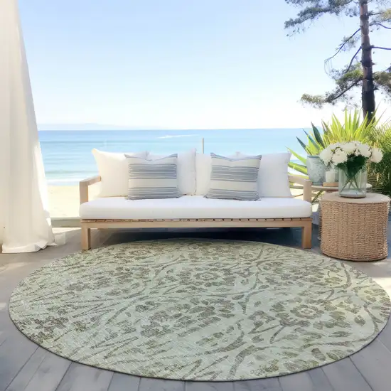 8' Artichoke Green And Brown Round Floral Washable Indoor Outdoor Area Rug Photo 6