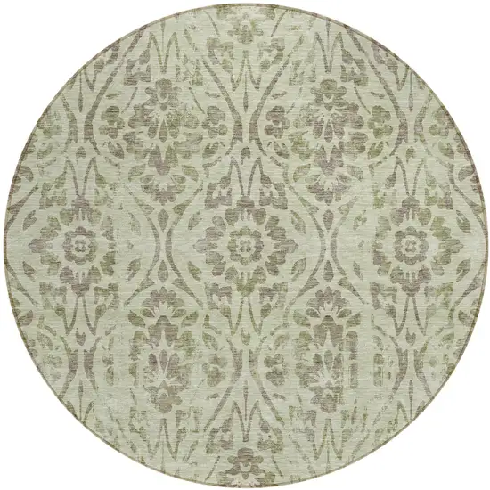 8' Artichoke Green And Brown Round Floral Washable Indoor Outdoor Area Rug Photo 2