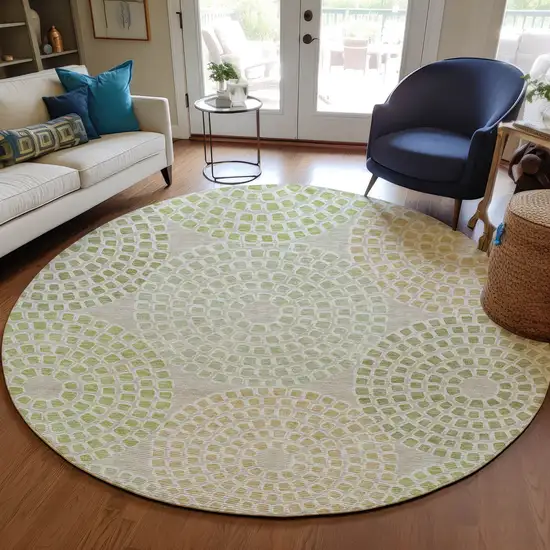 8' Artichoke Green And Brown Round Geometric Washable Indoor Outdoor Area Rug Photo 8