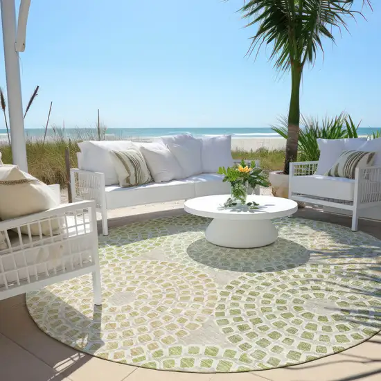 8' Artichoke Green And Brown Round Geometric Washable Indoor Outdoor Area Rug Photo 7