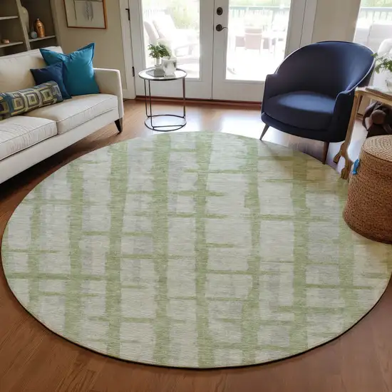 8' Artichoke Green And Gray Round Striped Washable Indoor Outdoor Area Rug Photo 7