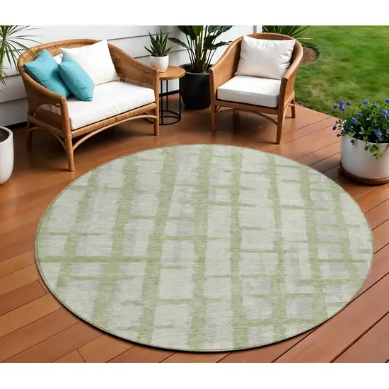8' Artichoke Green And Gray Round Striped Washable Indoor Outdoor Area Rug Photo 1