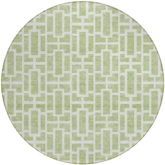 8' Artichoke Green And Ivory Round Geometric Washable Indoor Outdoor Area Rug Photo 2