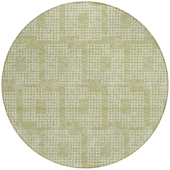 8' Artichoke Green And Ivory Round Geometric Washable Indoor Outdoor Area Rug Photo 5