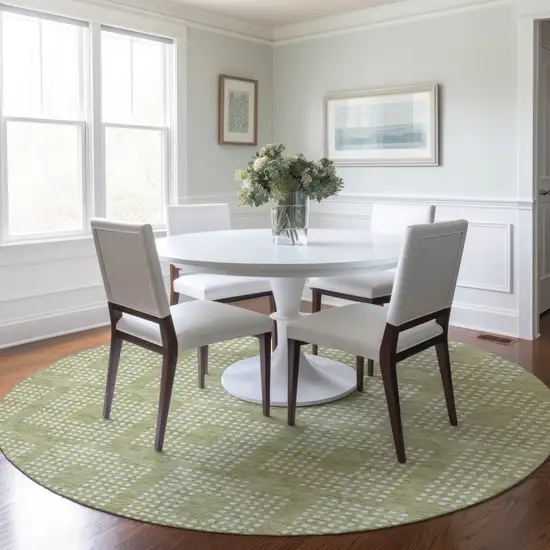 8' Artichoke Green And Ivory Round Geometric Washable Indoor Outdoor Area Rug Photo 7