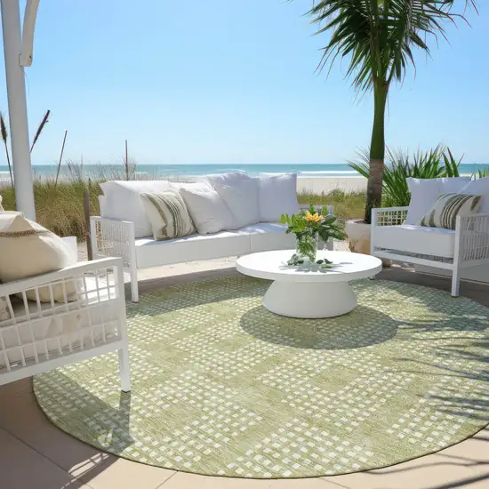 8' Artichoke Green And Ivory Round Geometric Washable Indoor Outdoor Area Rug Photo 6