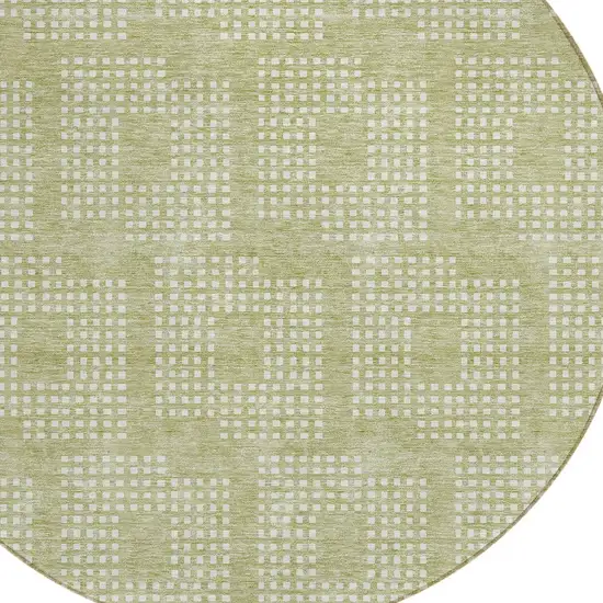 8' Artichoke Green And Ivory Round Geometric Washable Indoor Outdoor Area Rug Photo 4