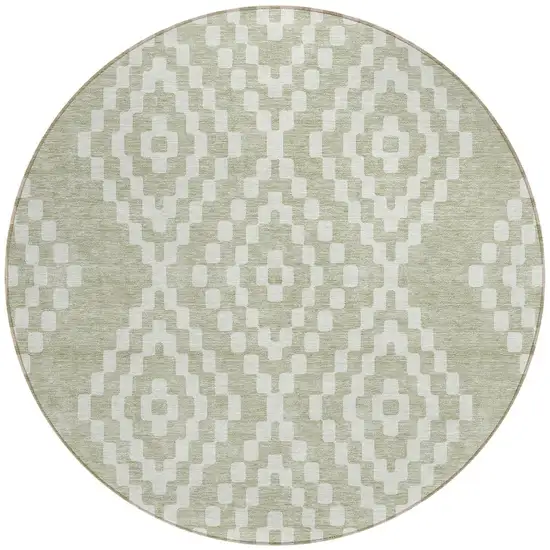 8' Artichoke Green And Ivory Round Geometric Washable Indoor Outdoor Area Rug Photo 6