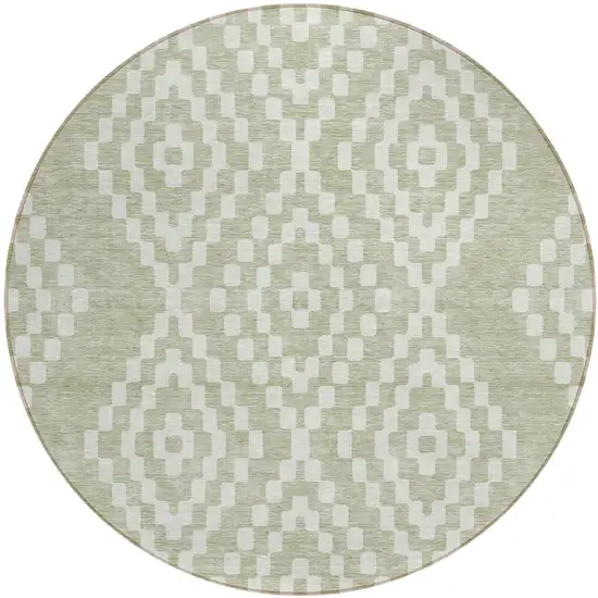 8' Artichoke Green And Ivory Round Geometric Washable Indoor Outdoor Area Rug Photo 2