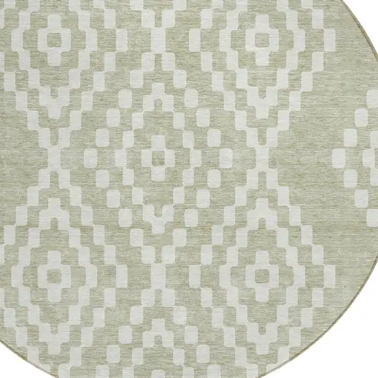 8' Artichoke Green And Ivory Round Geometric Washable Indoor Outdoor Area Rug Photo 5