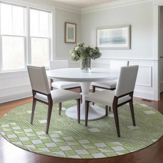 8' Artichoke Green And Ivory Round Geometric Washable Indoor Outdoor Area Rug Photo 7