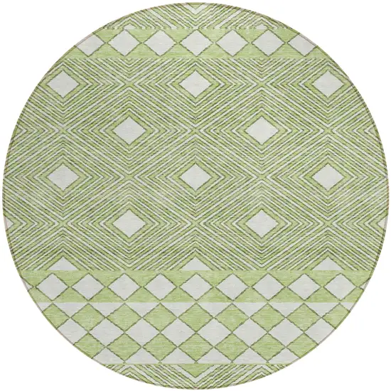 8' Artichoke Green And Ivory Round Geometric Washable Indoor Outdoor Area Rug Photo 2