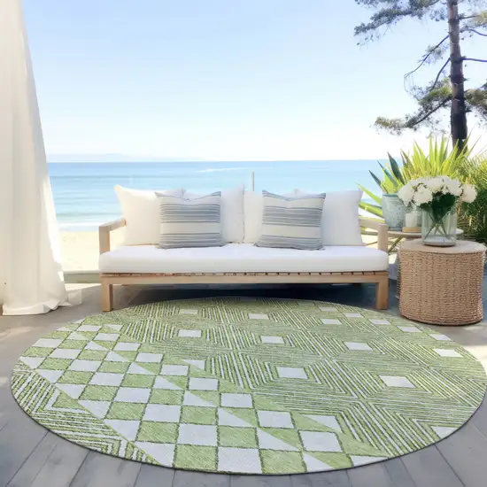 8' Artichoke Green And Ivory Round Geometric Washable Indoor Outdoor Area Rug Photo 6