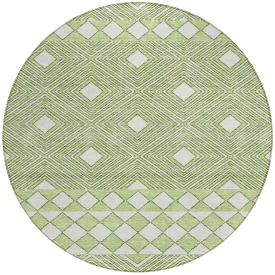 8' Artichoke Green And Ivory Round Geometric Washable Indoor Outdoor Area Rug Photo 5