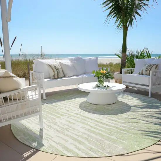 8' Artichoke Green And Ivory Round Striped Washable Indoor Outdoor Area Rug Photo 6