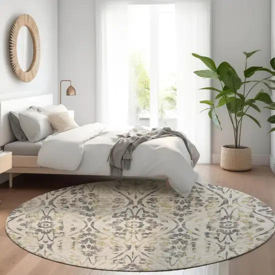 8' Beige And Dark Gray Round Floral Washable Indoor Outdoor Area Rug Photo 8