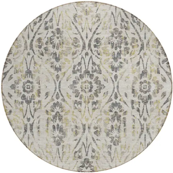 8' Beige And Dark Gray Round Floral Washable Indoor Outdoor Area Rug Photo 2