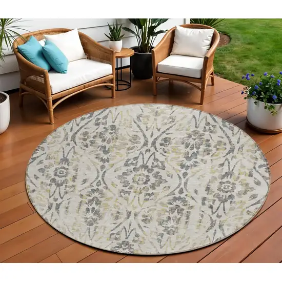 8' Beige And Dark Gray Round Floral Washable Indoor Outdoor Area Rug Photo 1