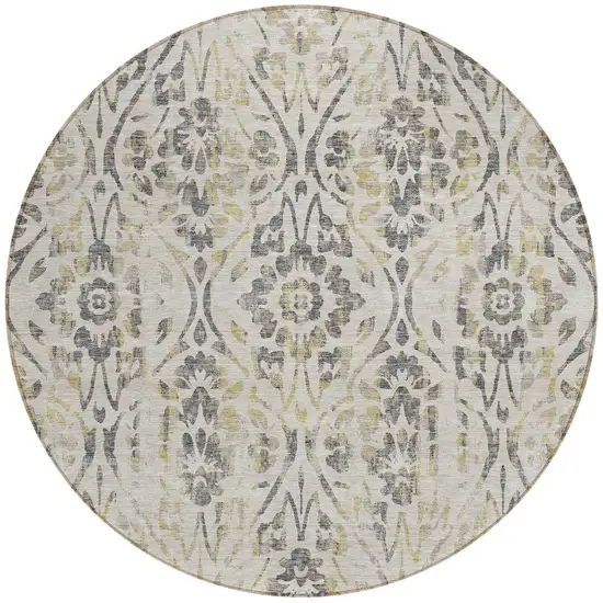 8' Beige And Dark Gray Round Floral Washable Indoor Outdoor Area Rug Photo 6