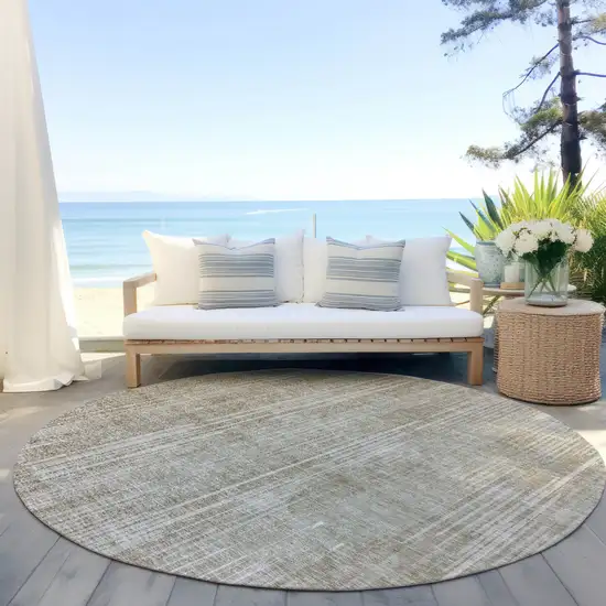 8' Beige And Ivory Round Striped Washable Indoor Outdoor Area Rug Photo 6