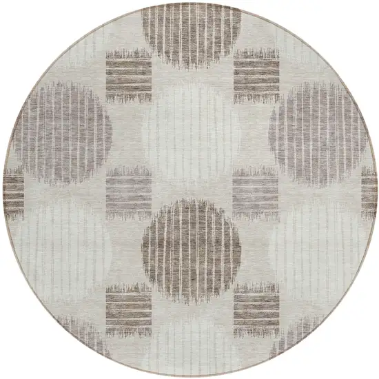 8' Beige Brown And Ivory Round Geometric Washable Indoor Outdoor Area Rug Photo 2
