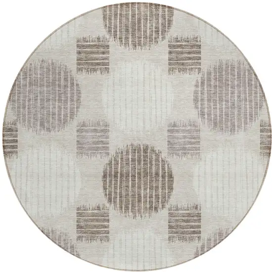 8' Beige Brown And Ivory Round Geometric Washable Indoor Outdoor Area Rug Photo 5
