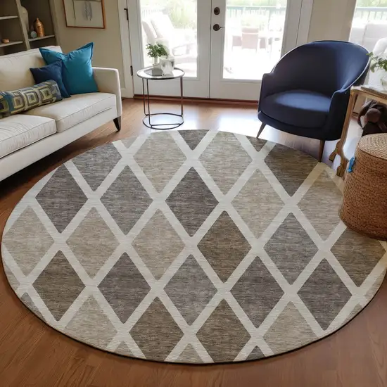 8' Beige Gray And Brown Round Geometric Washable Indoor Outdoor Area Rug Photo 9