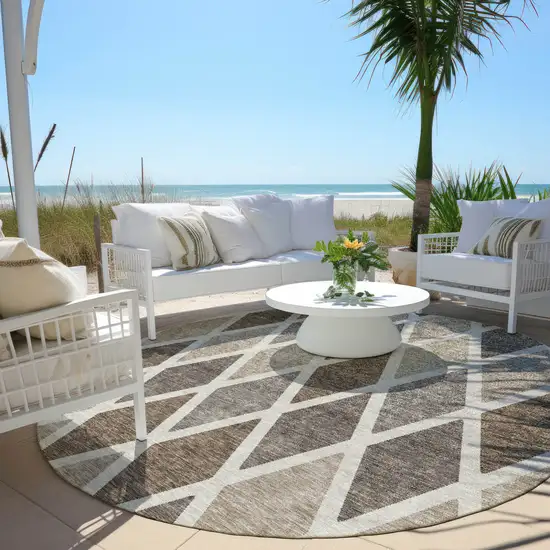 8' Beige Gray And Brown Round Geometric Washable Indoor Outdoor Area Rug Photo 8