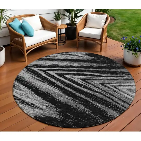 8' Black And Gray Round Abstract Washable Indoor Outdoor Area Rug Photo 1