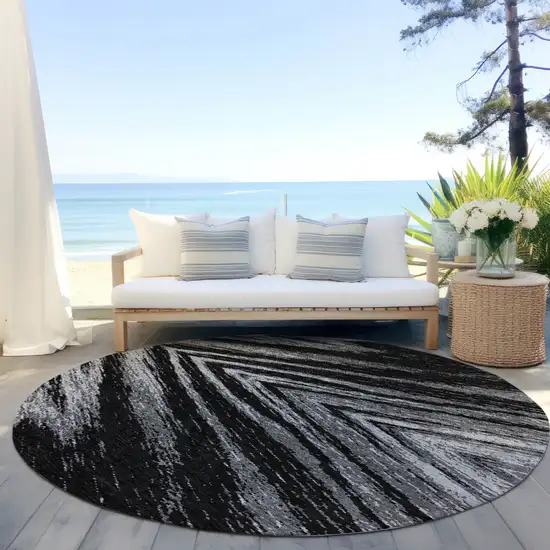 8' Black And Gray Round Abstract Washable Indoor Outdoor Area Rug Photo 6
