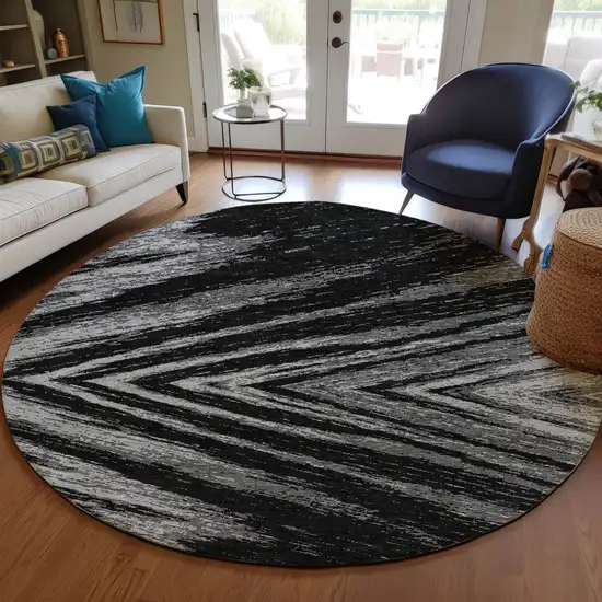 8' Black And Gray Round Abstract Washable Indoor Outdoor Area Rug Photo 7