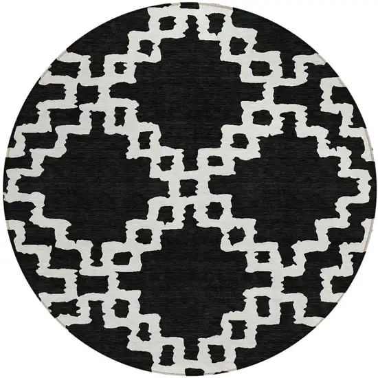 8' Black And Ivory Round Geometric Washable Indoor Outdoor Area Rug Photo 5