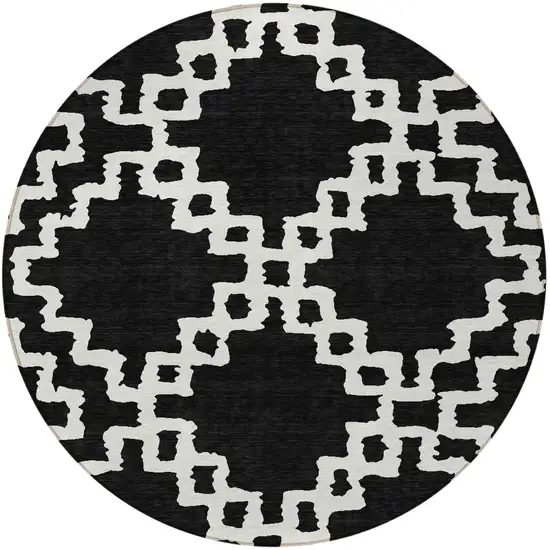 8' Black And Ivory Round Geometric Washable Indoor Outdoor Area Rug Photo 6
