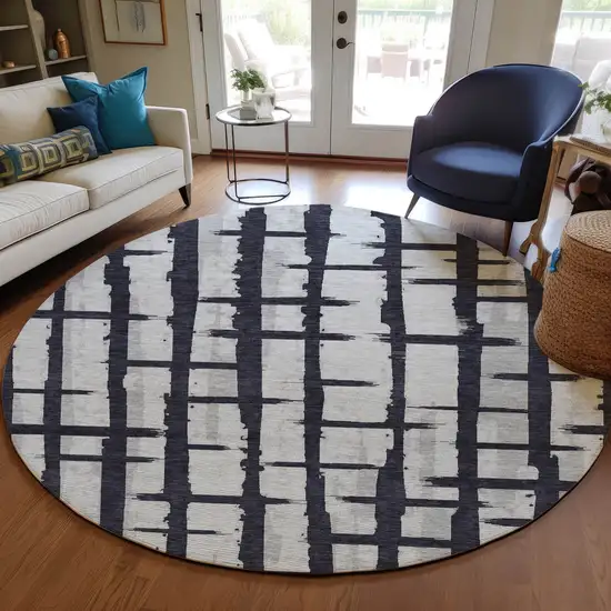 8' Black Beige And Gray Round Striped Washable Indoor Outdoor Area Rug Photo 7