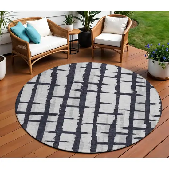 8' Black Beige And Gray Round Striped Washable Indoor Outdoor Area Rug Photo 1